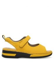 Rieker Sandały V59Q4-68 Żółty. Żółte sandały Rieker, bez wzorów, z syntetyku, bez obcasa, na płaskiej podeszwie, bez zapięcia. Za 299.99 zł.