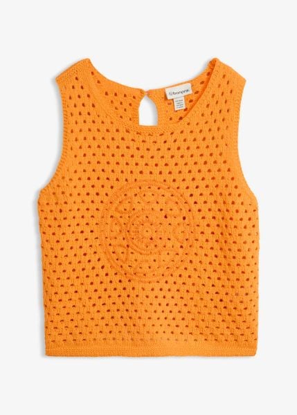 Top z haftem, z czystej bawełny. Brązowe topy bonprix, bez wzorów, z bawełny, bez kołnierzyka, bez ramiączek. Za 69.99 zł.