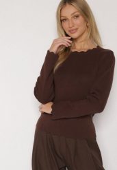 Brązowy Sweter z Wiskozą Ozdobiony Falbankami Mevita. Brązowe swetry Born2be, m, bez wzorów, z jeansu, eleganckie, bez ramiączek. Za 109.99 zł.