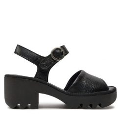 Sandały Fly London. Czarne sandały Fly London, bez wzorów, bez obcasa, na koturnie, bez zapięcia. Za 519.99 zł.