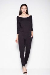 Czarny Komfortowy Kombinezon z Szerokim Dekoltem. Czarne kombinezony Venaton, l, bez wzorów, z elastanu, eleganckie, bez kołnierzyka, bez ramiączek. Za 249.00 zł.