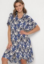 Granatowa Pudełkowa Sukienka Koszulowa z Wiskozy w Ornamentalny Print Vanisse. Niebieskie sukienki Born2be, na co dzień, l, bez wzorów, z wiskozy, bez kołnierzyka, bez ramiączek, mini, koszulowe. Za 89.99 zł.