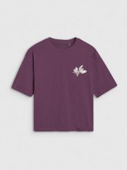 4F T-shirt oversize z nadrukiem damski - fioletowy S. Fioletowe t-shirty 4f, s, bez wzorów, z bawełny, klasyczne, bez kołnierzyka, bez ramiączek. W wyprzedaży za 39.99 zł.