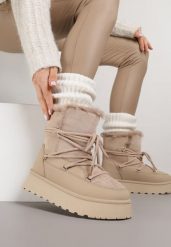 Ciemnobeżowe Śniegowce na Grubej Podeszwie z Futerkiem Alwedra. Brązowe śniegowce Born2be, bez wzorów, z jeansu, bez zapięcia. Za 119.99 zł.