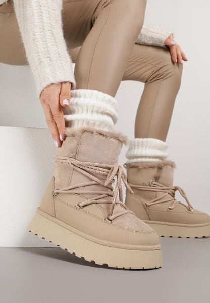 Ciemnobeżowe Śniegowce na Grubej Podeszwie z Futerkiem Alwedra. Brązowe śniegowce Born2be, bez wzorów, z jeansu, bez zapięcia. Za 119.99 zł.