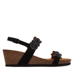 Sandały Scholl. Czarne sandały Scholl, bez wzorów, bez obcasa, na koturnie, bez zapięcia. Za 439.99 zł.