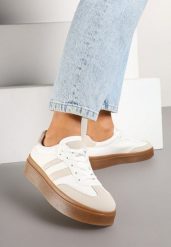 Beżowo-Białe Sneakersy Tenisówki Ozdobione Paskami Sovresia. Brązowe trampki Renee, z aplikacjami, bez zapięcia. Za 99.99 zł.