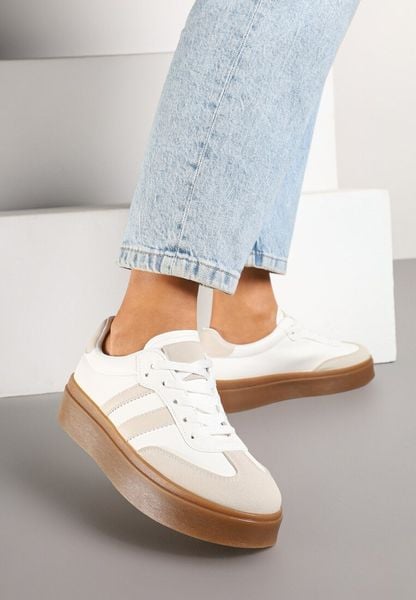 Beżowo-Białe Sneakersy Tenisówki Ozdobione Paskami Sovresia. Brązowe trampki Renee, z aplikacjami, bez zapięcia. Za 79.99 zł.