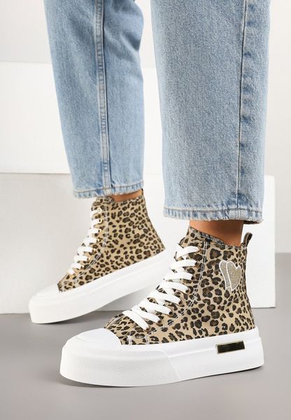 Panterkowe Trampki na Platformie z Wysoką Cholewką z Haftem z Brokatem Elanitha. Trampki Renee, z aplikacjami, z jeansu, przed kolano, bez zapięcia. Za 99.99 zł.