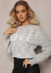 Szary Sweter z Ozdobnym Napisem Wykończony Ściągaczami Minisoji. Szare swetry Renee, l, bez wzorów, z elastanu, casualowe, bez ramiączek. W wyprzedaży za 87.99 zł.