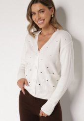 Biały Rozpinany Kardigan w Kropki Tusvanea. Białe swetry Born2be, l, bez wzorów, z jeansu, klasyczne, bez ramiączek. Za 79.99 zł.