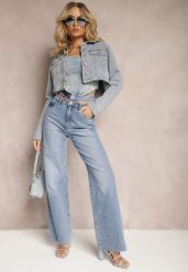 Jasnoniebieskie Szerokie Jeansy High Waist z Kieszeniami Leorrio. Niebieskie jeansy Renee, bez wzorów, z bawełny, eleganckie, z podwyższonym stanem. W wyprzedaży za 89.99 zł.