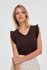 Bluzka z falbaną na ramionach brązowa. Brązowe bluzki MOODO, l, bez wzorów, z bawełny, bez kołnierzyka, bez ramiączek. Za 44.99 zł.