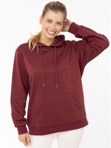 Zwillingsherz Bluza "Happiness Vibes" w kolorze bordowym rozmiar: L/XL. Czerwone bluzy Zwillingsherz, l, bez wzorów, bez ramiączek, z kapturem. Za 130.99 zł.