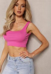Różowy Tank Top z Elastycznej Bawełny z Głębokim Dekoltem Omaliana. Czerwone topy Renee, l, bez wzorów, z bawełny, bez kołnierzyka, bez ramiączek. W wyprzedaży za 15.99 zł.