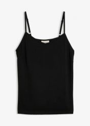 Top na wąskich ramiączkach z lejącej mieszanki lyocellu. Czarne topy bonprix, bez wzorów, z lyocellu, bez kołnierzyka, bez ramiączek. Za 57.99 zł.