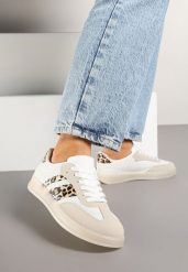 Beżowe Sneakersy Tenisówki z Geometrycznym Wzorem w Panterkę Eleamila. Brązowe trampki Born2be, z aplikacjami, z jeansu, eleganckie, bez zapięcia. W wyprzedaży za 84.99 zł.