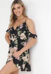 Czarna Rozkloszowana Sukienka Mini z Falbankami Soulis. Czarne sukienki Born2be, l, bez wzorów, bez kołnierzyka, bez ramiączek, mini, kopertowe. W wyprzedaży za 76.49 zł.