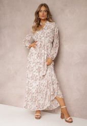 Biała Sukienka Maxi w Kwiaty ze Sznurkiem w Pasie Marili. Białe sukienki Renee, m, z aplikacjami, bez kołnierzyka, bez ramiączek, maxi, rozkloszowane. W wyprzedaży za 119.99 zł.