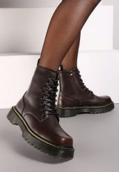 Brązowe Sznurowane Ocieplone Botki na Platformie w Stylu Workerów Crecca. Brązowe botki Renee, bez wzorów, z jeansu, rockowe, bez obcasa, na obcasie, bez zapięcia. Za 139.99 zł.
