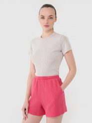 4F Spodenki casual z dzianiny waflowej damskie - różowe S. Czerwone szorty 4f, bez wzorów, z bawełny, casualowe. W wyprzedaży za 49.99 zł.