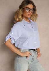 Jasnoniebieska Koszula Bawełniana w Drobne Paski z Rękawami 3/4 Lialorea. Niebieskie koszule Renee, l, bez wzorów, z bawełny, eleganckie, bez kołnierzyka, bez ramiączek. W wyprzedaży za 55.99 zł.