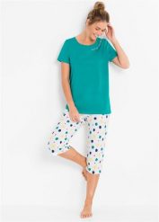 Bawełniana piżama ze spodniami 3/4. Zielone piżamy bonprix, bez wzorów, z bawełny, bez kołnierzyka, bez ramiączek, krótkie. Za 74.99 zł.