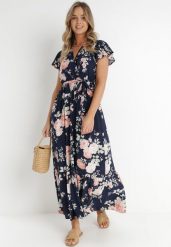 Granatowa Sukienka Thellippe. Niebieskie sukienki Born2be, m, bez wzorów, z tkaniny, eleganckie, bez kołnierzyka, bez ramiączek, maxi, rozkloszowane. W wyprzedaży za 79.99 zł.