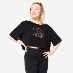Koszulka do tańca modern jazz damska Starever crop top. Czarne topy DOMYOS, l, bez wzorów, z elastanu, eleganckie, bez kołnierzyka, bez ramiączek. Za 59.99 zł.