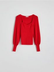 Sweter z bufiastymi rękawami - czerwony. Czerwone swetry Reserved, l, bez wzorów, z dzianiny, bez ramiączek. W wyprzedaży za 79.99 zł.