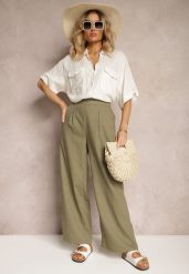 Ciemnozielone Spodnie z Bawełny i Lnem High Waist Kolalia. Zielone jeansy Renee, bez wzorów, z bawełny, biznesowe, z podwyższonym stanem. W wyprzedaży za 50.99 zł.