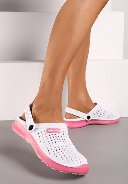 Biało-Różowe Klapki Iphiope. Białe klapki Born2be, bez wzorów, z jeansu, klasyczne, bez obcasa, bez zapięcia. Za 14.99 zł.