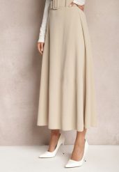 Jasnobeżowa Rozkloszowana Spódnica Maxi z Paskiem i Klamrą Adlirca. Brązowe spódnice Renee, m, bez wzorów, maxi, rozkloszowane. W wyprzedaży za 55.99 zł.