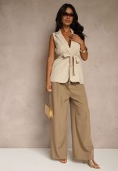 Brązowe Spodnie o Szerokim Kroju High Waist Dolarenna. Brązowe spodnie materiałowe Renee, bez wzorów, z jeansu, eleganckie, z podwyższonym stanem. Za 99.99 zł.