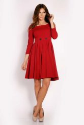 Szeroka Bordo Sukienka Midi z Ozdobnymi Guzikami. Czerwone sukienki Lou-Lou, l, bez wzorów, z elastanu, wizytowe, bez kołnierzyka, bez ramiączek, midi. Za 169.00 zł.