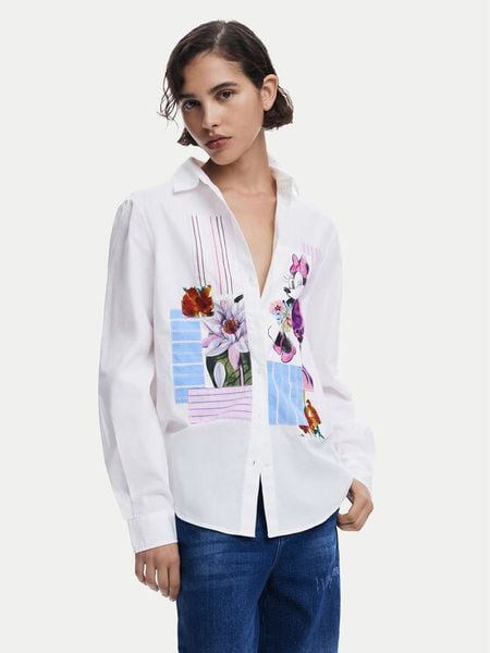 Desigual Koszula Flowers Minnie 25SWCW24 Biały Regular Fit. Białe koszule Desigual, m, bez wzorów, z bawełny, bez kołnierzyka, bez ramiączek. Za 229.99 zł.