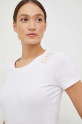 EA7 Emporio Armani t-shirt damski kolor biały. Białe t-shirty EA7 Emporio Armani, l, bez wzorów, z dzianiny, bez kołnierzyka, bez ramiączek. W wyprzedaży za 239.99 zł.