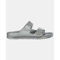 Klapki Birkenstock Arizona Eva Damskie. Szare klapki Birkenstock, bez wzorów, z materiału, bez obcasa, bez zapięcia. Za 329.99 zł.