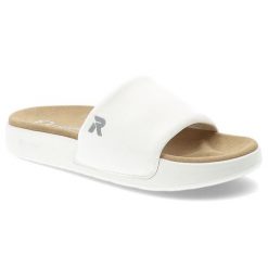 Białe Klapki Rieker Wygodne Obuwie Damskie. Białe klapki Rieker, bez wzorów, bez obcasa, bez zapięcia. Za 224.90 zł.