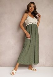 Ciemnozielona Sukienka na Ramiączkach o Rozkloszowanym Kroju Quemvia. Zielone sukienki Renee, na co dzień, z aplikacjami, glamour, bez kołnierzyka, bez ramiączek, maxi, rozkloszowane. W wyprzedaży za 99.99 zł.