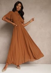 Brązowa Rozkloszowana Sukienka z Kopertowym Dekoltem Obillis. Brązowe sukienki Renee, na imprezę, uniwersalny, bez wzorów, z jeansu, eleganckie, bez kołnierzyka, bez ramiączek, maxi, kopertowe. W wyprzedaży za 111.99 zł.