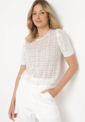 Biała Bluzka z Wiskozy Ozdobiona Cyrkoniami i Perłami Eioratia. Białe bluzki Born2be, bez wzorów, z wiskozy, eleganckie, bez kołnierzyka, bez ramiączek. Za 139.99 zł.