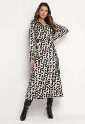 Beżowo-Czarna Koszulowa Sukienka Maxi w Geometryczny Wzór z Wiązanym Paskiem Gelama. Brązowe sukienki Born2be, m, bez wzorów, z materiału, bez kołnierzyka, bez ramiączek, maxi, koszulowe. W wyprzedaży za 161.49 zł.