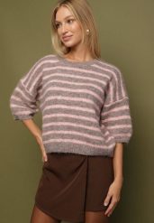 Brązowy Sweter z Wełną i Bufiastymi Rękawami w Paski Kaonne. Brązowe swetry Born2be, bez wzorów, z jeansu, eleganckie, bez ramiączek. Za 139.99 zł.