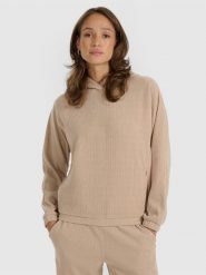 4F Bluza dresowa nierozpinana z kapturem damska - beżowa S. Brązowe bluzy 4f, s, bez wzorów, z dresówki, bez ramiączek, z kapturem. Za 159.99 zł.