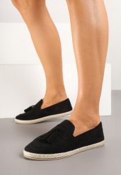 Czarne Espadryle Ozdobione Frędzlami na Nosku Wanelis. Czarne espadryle Renee, bez wzorów, z jeansu, klasyczne, bez obcasa, na płaskiej podeszwie. W wyprzedaży za 43.99 zł.