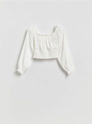 Bluzka z marszczeniem - biały. Białe bluzki Reserved, l, bez wzorów, z dzianiny, bez kołnierzyka, bez ramiączek. Za 59.99 zł.