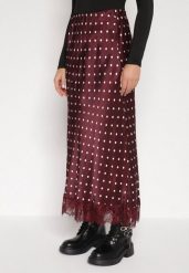 Bordowa Wiskozowa Spódnica z Wysokim Stanem w Kropki z Koronką Monivesa. Czerwone spódnice Born2be, na co dzień, uniwersalny, bez wzorów, z koronki, eleganckie, maxi, koszulowe. Za 149.99 zł.