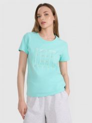 4F T-shirt regular z nadrukiem damski - turkusowy XS. Niebieskie t-shirty 4f, xs, bez wzorów, z bawełny, klasyczne, bez kołnierzyka, bez ramiączek. Za 59.99 zł.