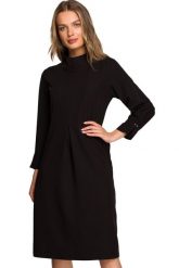 Sukienka elegancka pudełkowa z dekoracyjnymi zaszewkami czarna. Czarne sukienki Stylove, do pracy, m, bez wzorów, biznesowe, bez kołnierzyka, bez ramiączek. Za 359.00 zł.